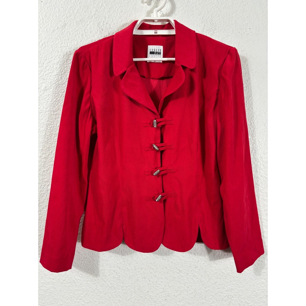 Leslie Fay Blazer Women 8P Red‎ Vintage Y2K Scalloped Hem Frog Closure